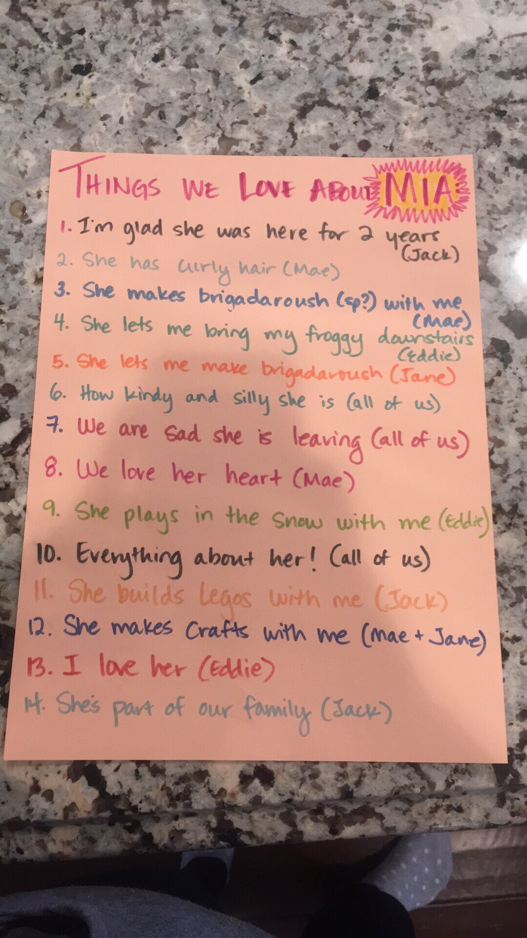 A list of things they love about Maria - from her host family to her.