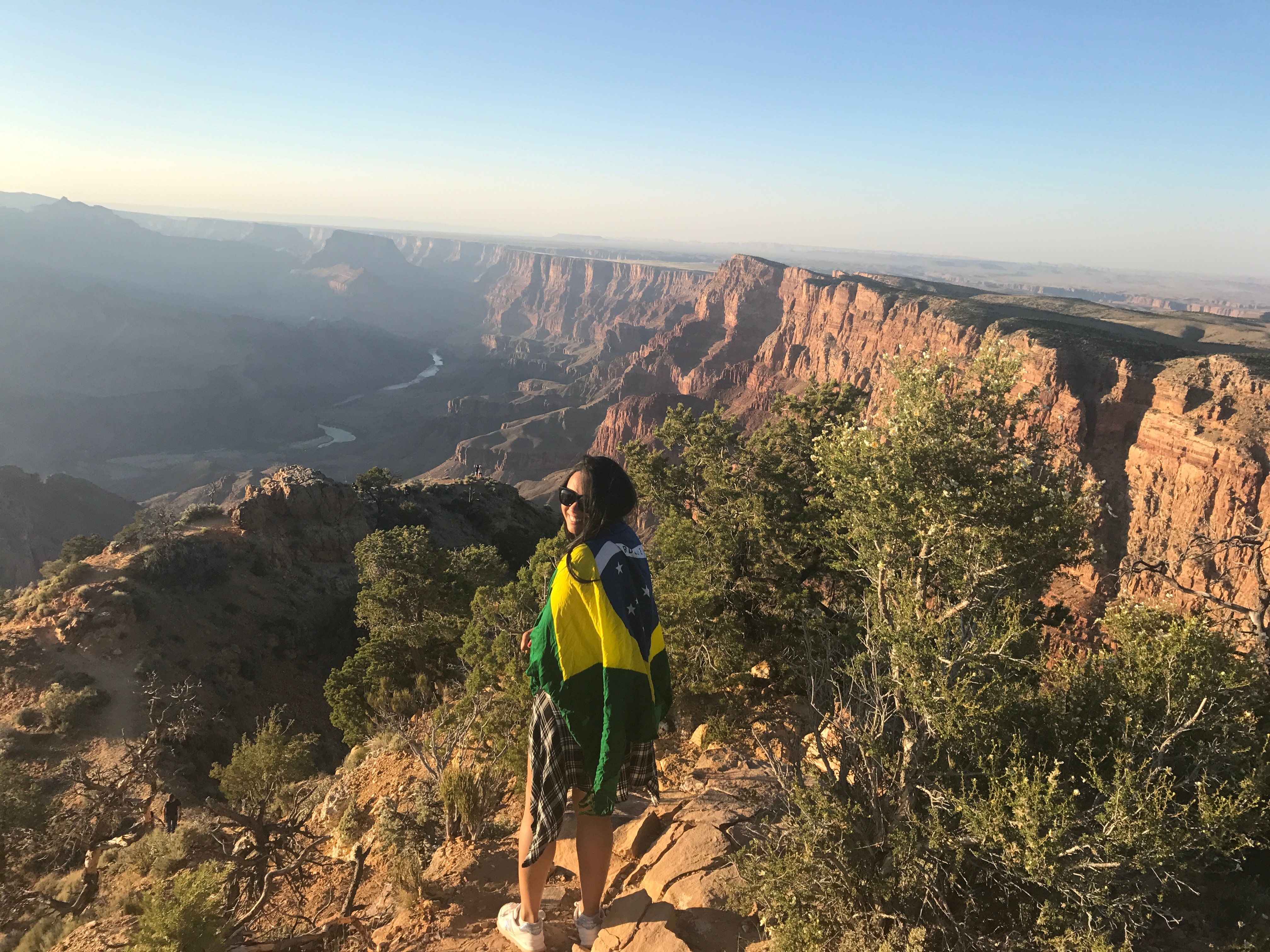 Mariana wrapped in a Brazilian flag, standing at the edge of a huge cliff.