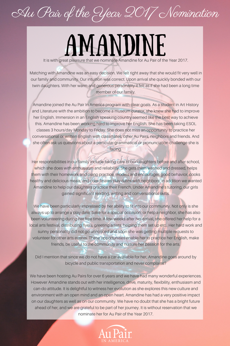 Au Pair of the Year Nomination letter