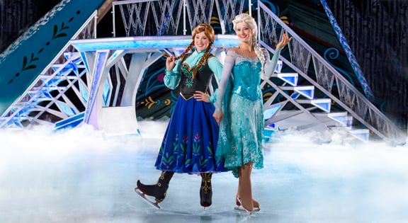 Else and Anna from Disney's Frozen, represented by two professional ice skaters!