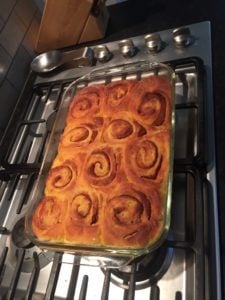 Pumpkin Spice Cinnamon Rolls fresh out of the oven! A very common sweet treat in the USA.