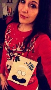 Maria in her red Christmas sweater.