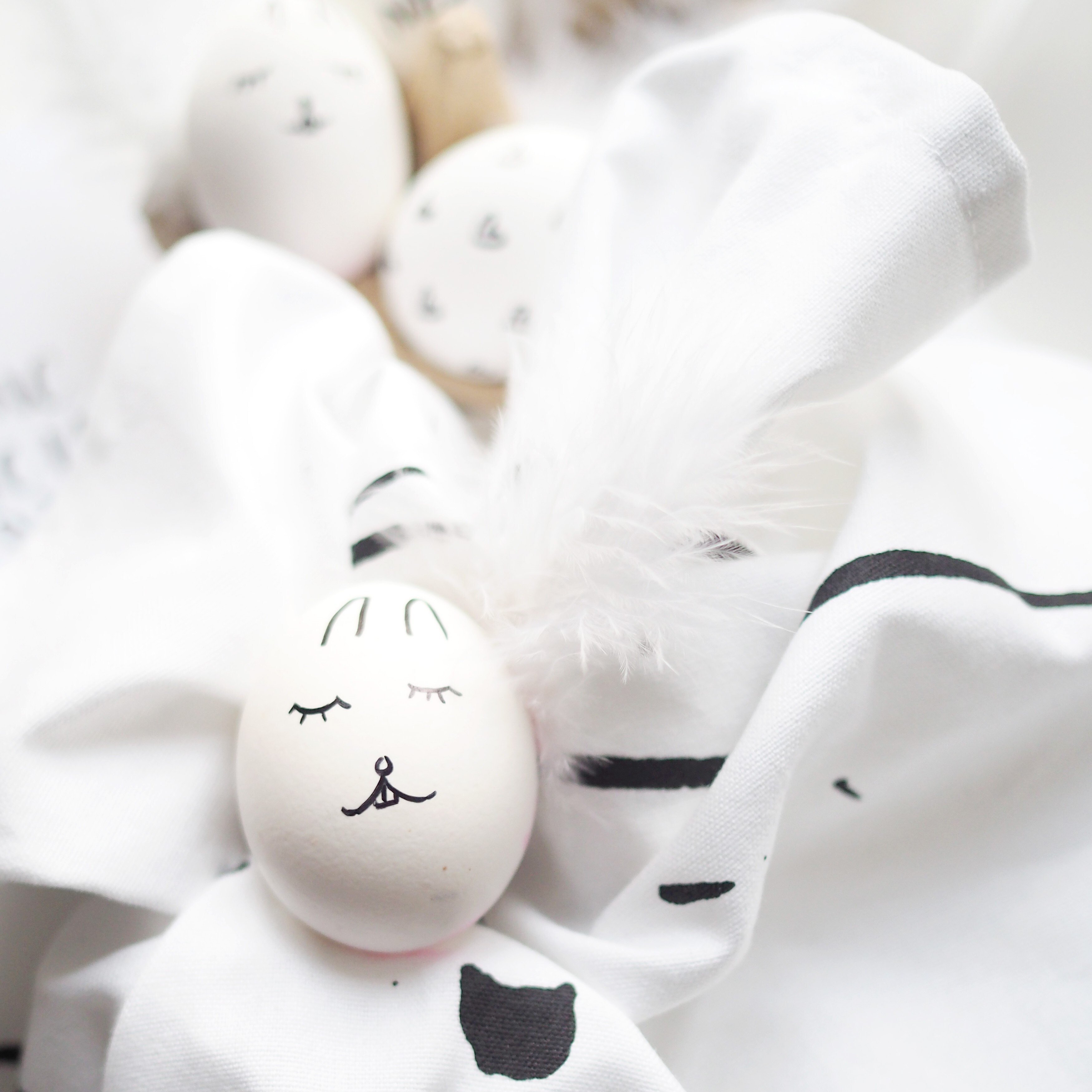 White eggs with faces painted on them.