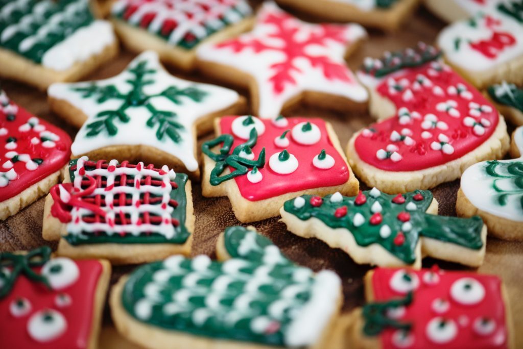 Red and green iced cookies on a cookie plate for Santa, as is tradition in the USA